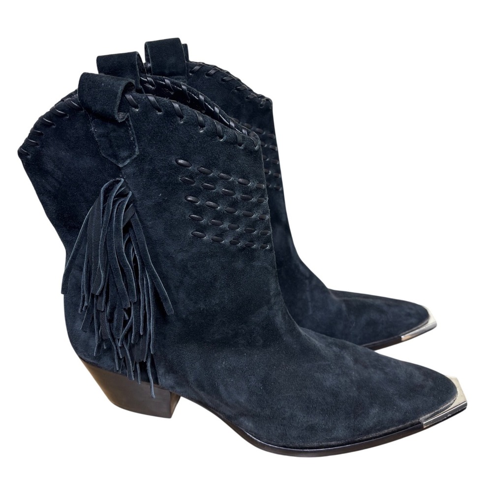 Schutz Alexxa Ankle Boots 8.5B Western Fringe Black Suede Silver Toe Cap